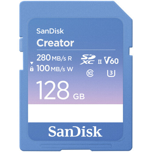 SanDisk Creator SD UHS-II Card 128GB, read speeds 280MB/s, write speeds 100MB/s, 4K UHD/6K, V60
