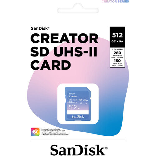 SanDisk Creator SD UHS-II Card 512GB, read speeds 280MB/s, write speeds 150MB/s, 4K UHD/6K, V60