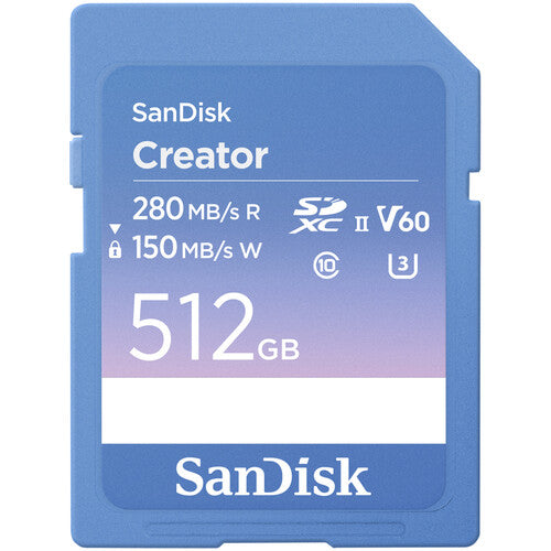 SanDisk Creator SD UHS-II Card 512GB, read speeds 280MB/s, write speeds 150MB/s, 4K UHD/6K, V60