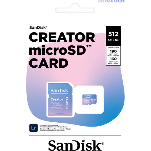 SanDisk Creator microS Card UHS-I with Adapter 512GB Up to 190MB/s read, Up to 130MB/s Write