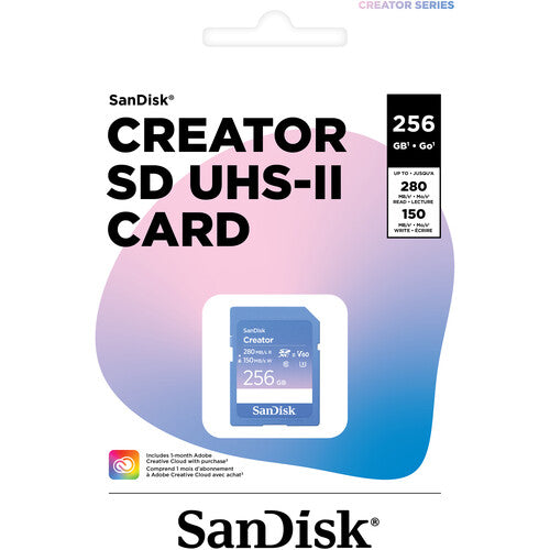 SanDisk Creator SD UHS-II Card 256GB, read speeds 280MB/s, write speeds 150MB/s, 4K UHD/6K, V60