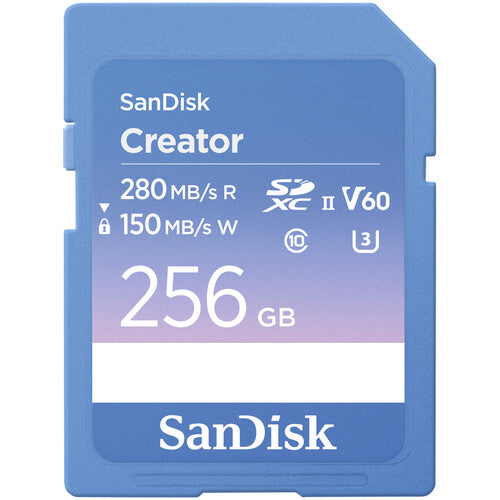SanDisk Creator SD UHS-II Card 256GB, read speeds 280MB/s, write speeds 150MB/s, 4K UHD/6K, V60